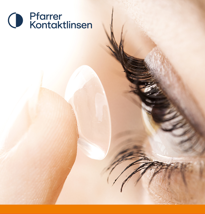 Logo und Bilder einer Kontaktlinse, die auf das Auge einer Frau gesetzt wird
