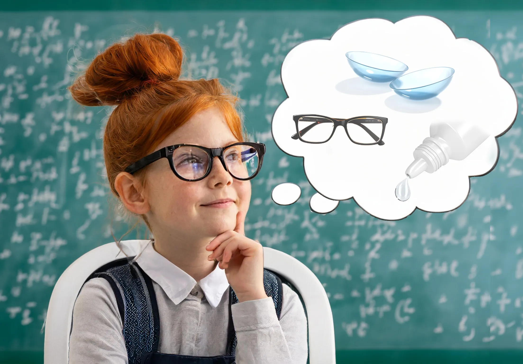 Mädchen, das über verschiedene Optionen der Myopie Kontrolle nachdenkt: Brille, Kontaktlisne mit peripherem Defokus, Nachtlinse, Ortho-K